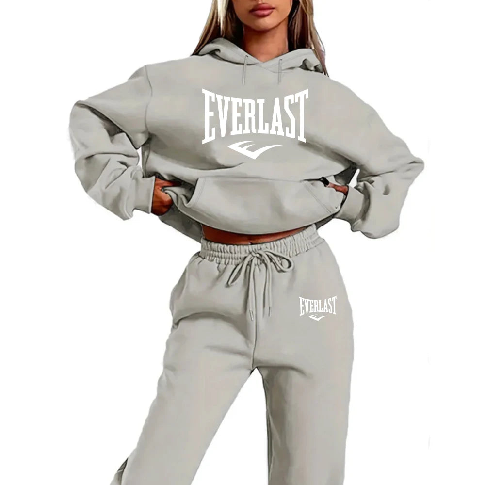 Letter Printed Women's Two Piece Tracksuit Set Fashion Jogging Sweatshirt Suit with Drawstring Sports Hood Quality Fitness Outfi
