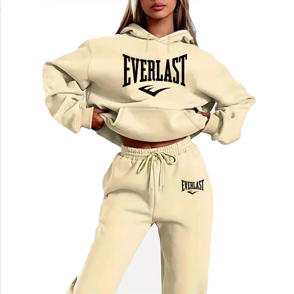 Letter Printed Women's Two Piece Tracksuit Set Fashion Jogging Sweatshirt Suit with Drawstring Sports Hood Quality Fitness Outfi