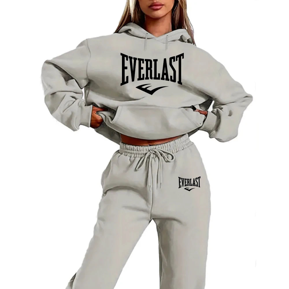 Letter Printed Women's Two Piece Tracksuit Set Fashion Jogging Sweatshirt Suit with Drawstring Sports Hood Quality Fitness Outfi