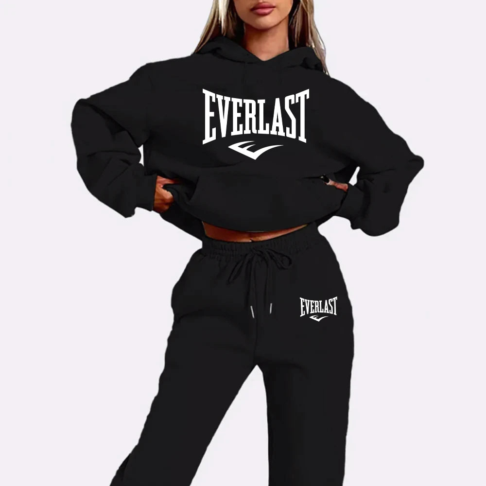 Letter Printed Women's Two Piece Tracksuit Set Fashion Jogging Sweatshirt Suit with Drawstring Sports Hood Quality Fitness Outfi